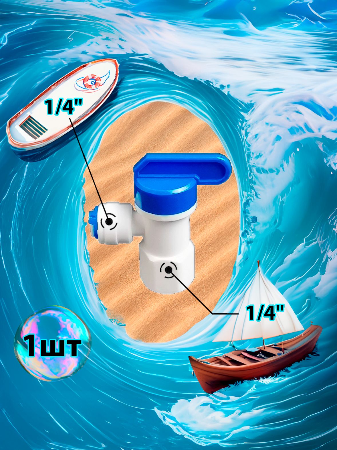 Кран для накопительного бака Г-образный угловой 1/4" трубка - 1/4" внутренняя резьба картинка №1