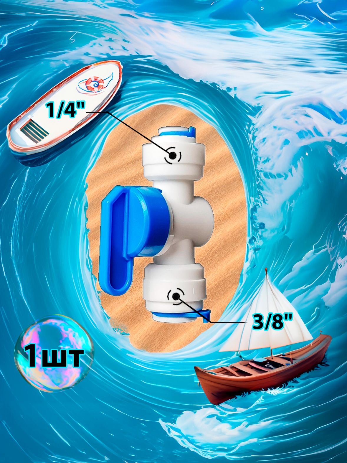 Кран переходник прямой 1/4" трубка - 3/8" трубка картинка №1
