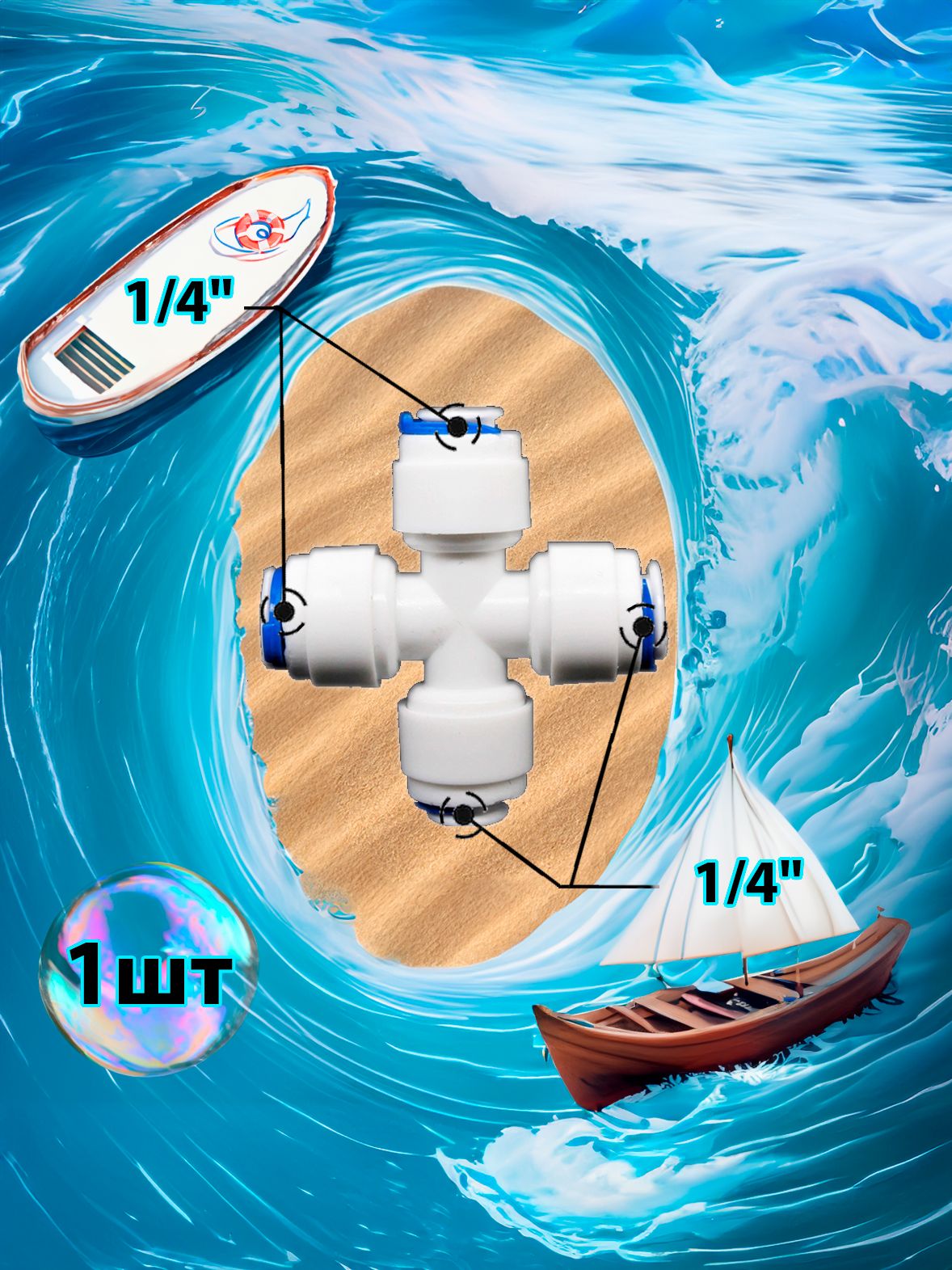 Фитинг крестовина X-образная 1/4"-1/4"-1/4"-1/4" трубки картинка №1