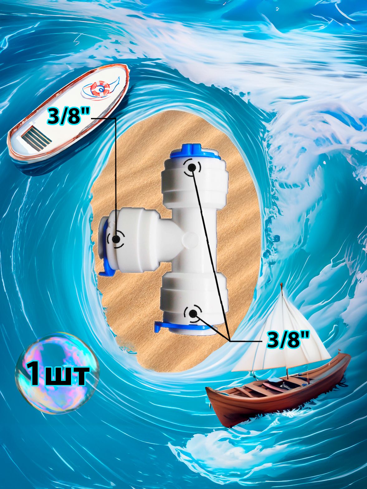 Фитинг тройник T-образный 3/8"-3/8"-3/8" трубки картинка №1