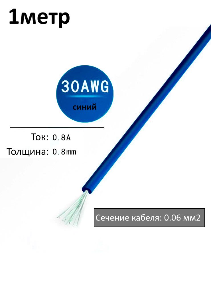 Провод электрический 30AWG, 0.06 кв.мм синий многожильный картинка №1