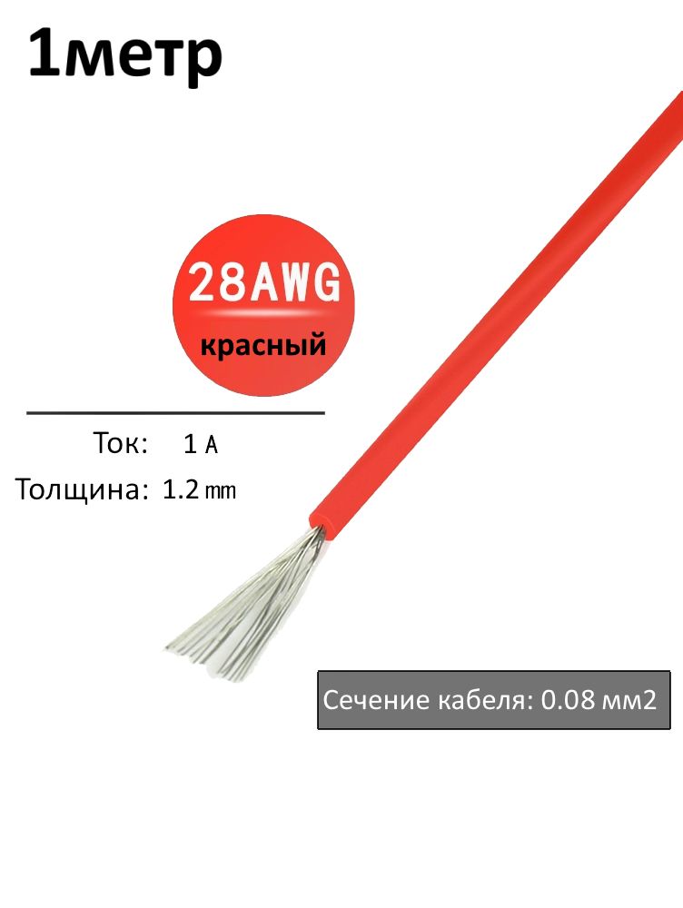 Провод электрический 28AWG, 0.08 кв.мм красный многожильный картинка №1