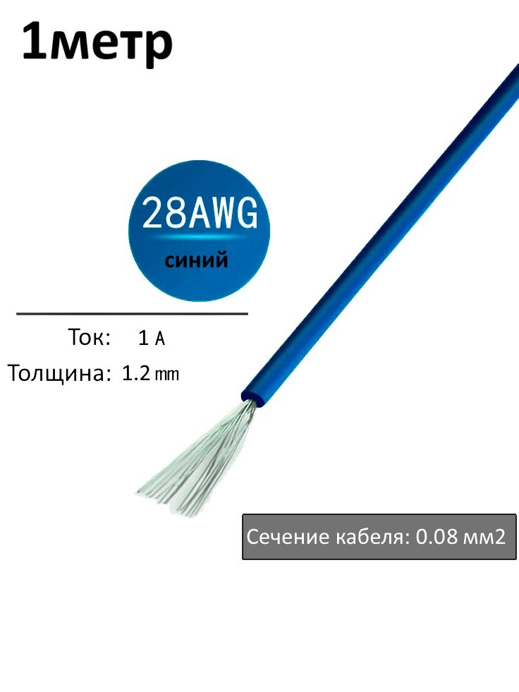 Провод электрический 28AWG, 0.08 кв.мм синий многожильный картинка №1