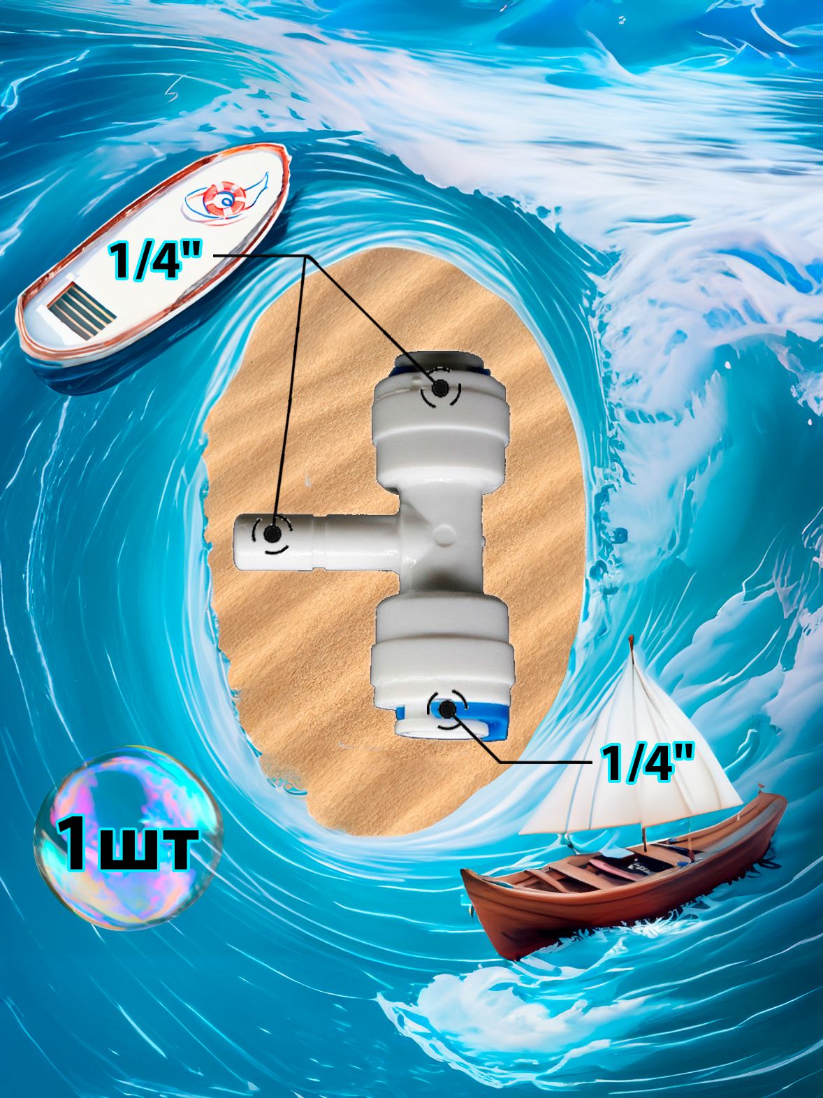 Фитинг тройник Т-образный 1/4" трубка - 1/4" трубка - 1/4" стержень картинка №1