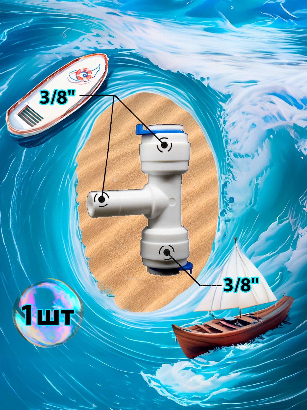 Фитинг тройник Т-образный 3/8" трубка - 3/8" трубка - 3/8" стержень картинка №1