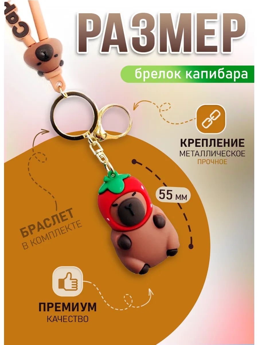 Брелок Капибара в шапке-клубничке для ключей, сумки картинка №2