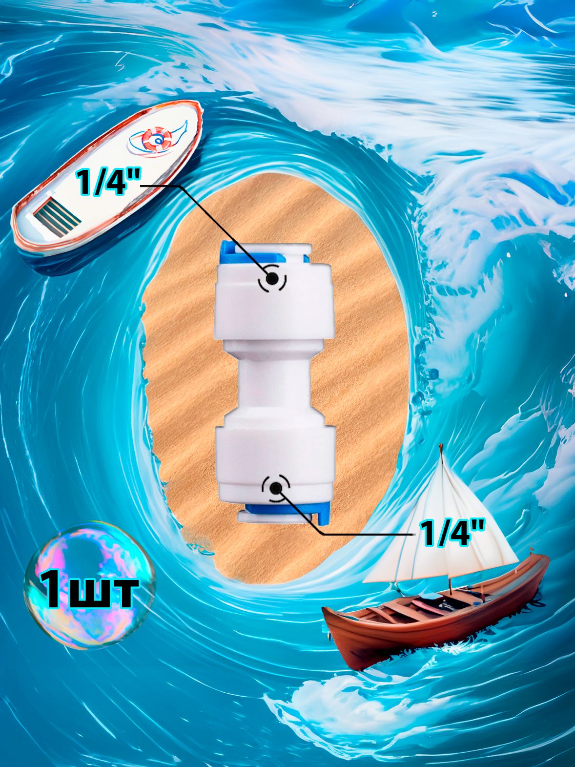 Фитинг переходник прямой 1/4" трубка - 1/4" трубка (фитинги съемные для осмоса и фильтра) картинка №1