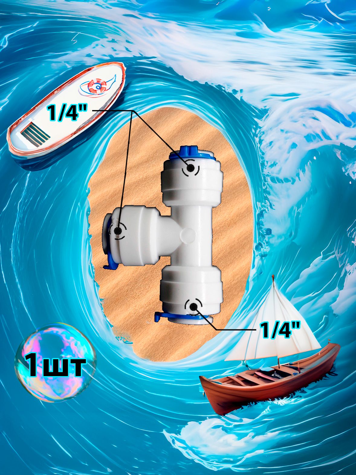 Фитинг тройник Т-образный 1/4"-1/4"-1/4" трубки (фитинги съемные для осмоса и фильтра) картинка №1