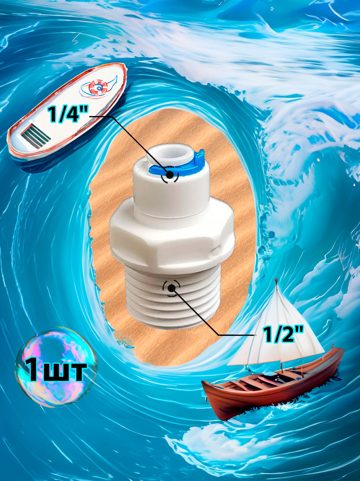 Фитинг переходник прямой 1/4" трубка - 1/2" внешняя резьба (фитинги съемные для осмоса и фильтра) картинка №1