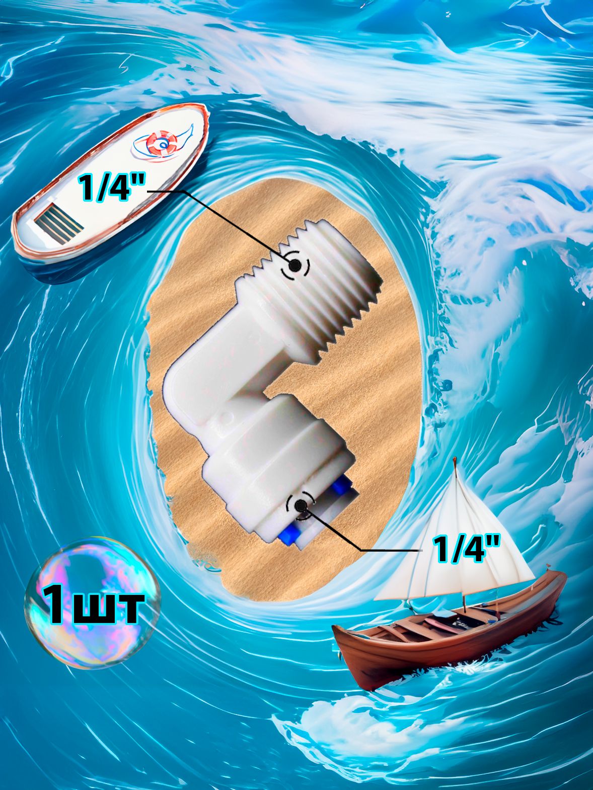 Фитинг переходник Г-образный 1/4" трубка - 1/4" внешняя резьба (фитинги съемные для осмоса и фильтра) картинка №1