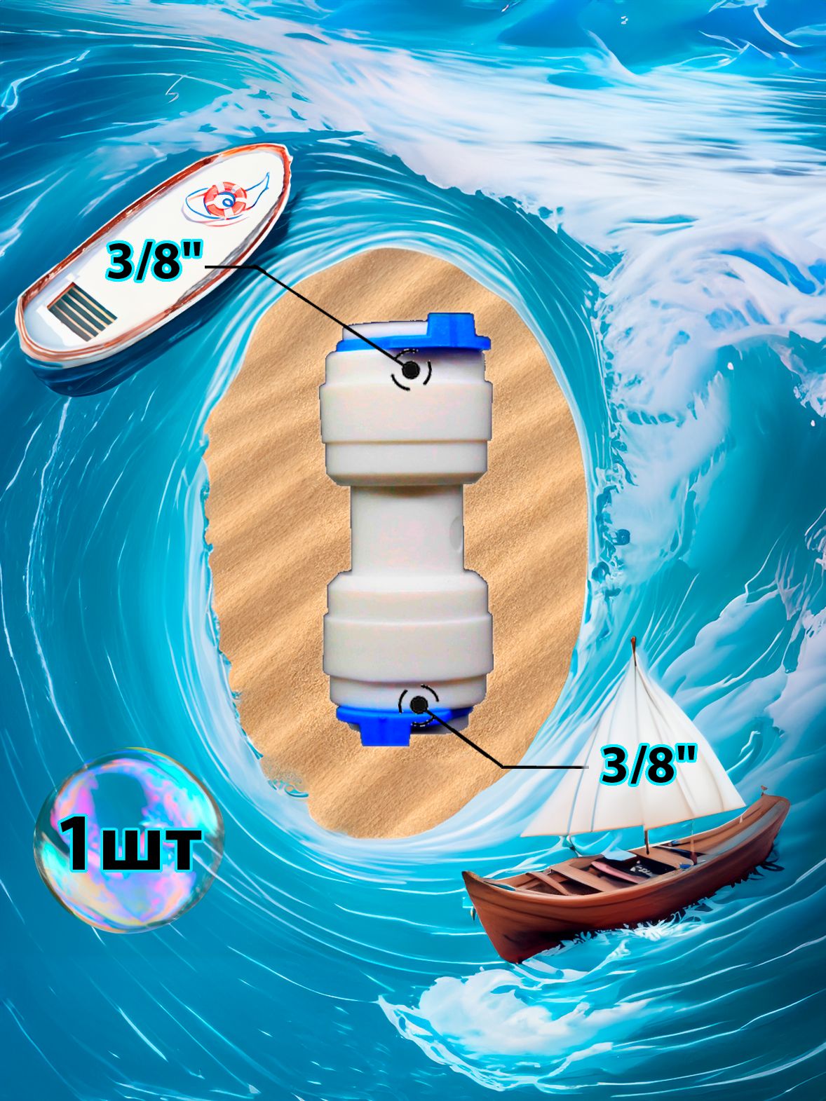 Фитинг переходник прямой 3/8" трубка - 3/8" трубка (фитинги съемные для осмоса и фильтра) картинка №1