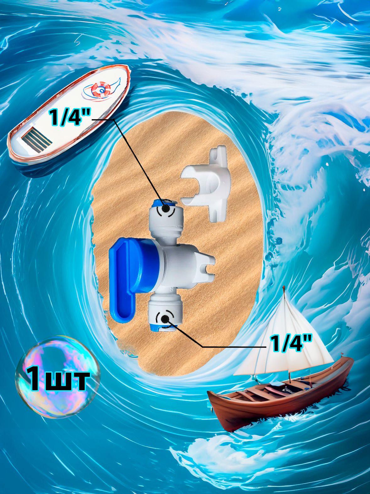 Кран переходник прямой 1/4" трубка - 1/4" трубка кронштейн (фитинги съемные для осмоса и фильтра) картинка №1