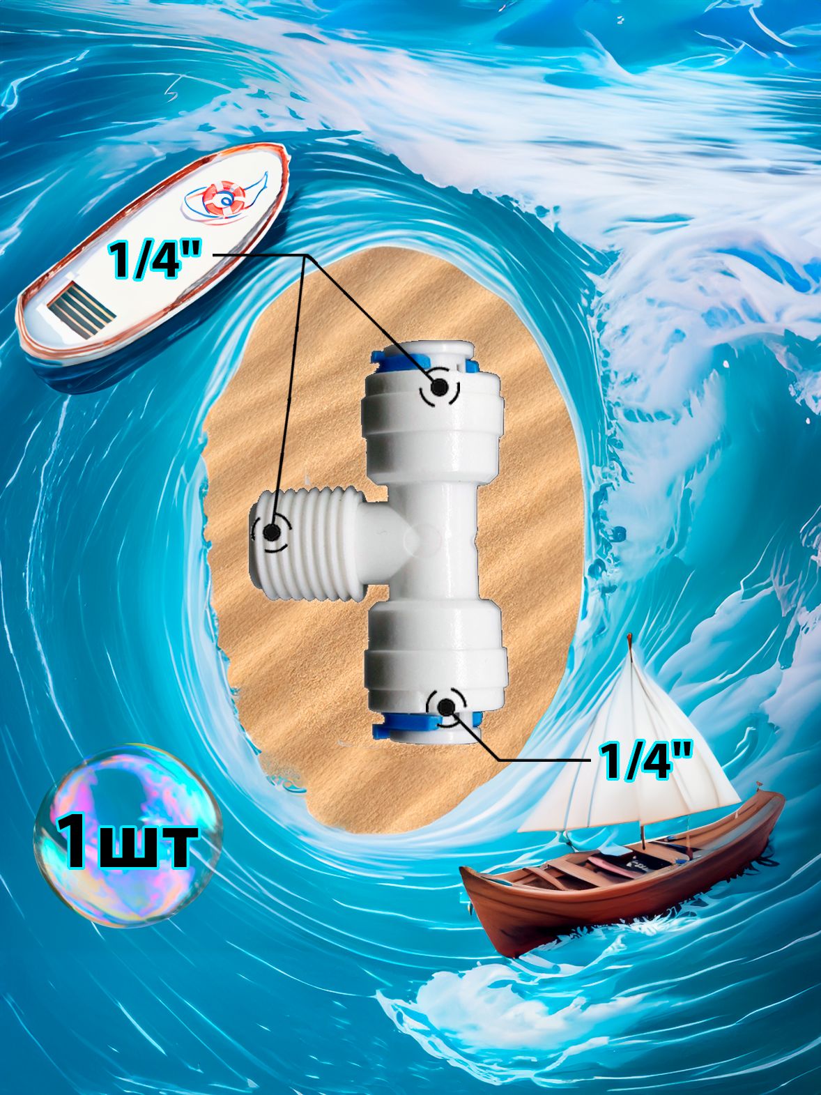 Фитинг тройник Т-образный 1/4" трубка - 1/4" трубка - 1/4" внешняя резьба (фитинги съемные для осмоса и фильтра) картинка №1