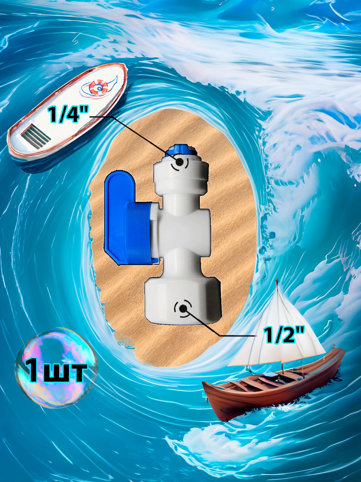 Кран переходник прямой 1/4" трубка - 1/2" внутренняя резьба (фитинги съемные для осмоса и фильтра) картинка №1