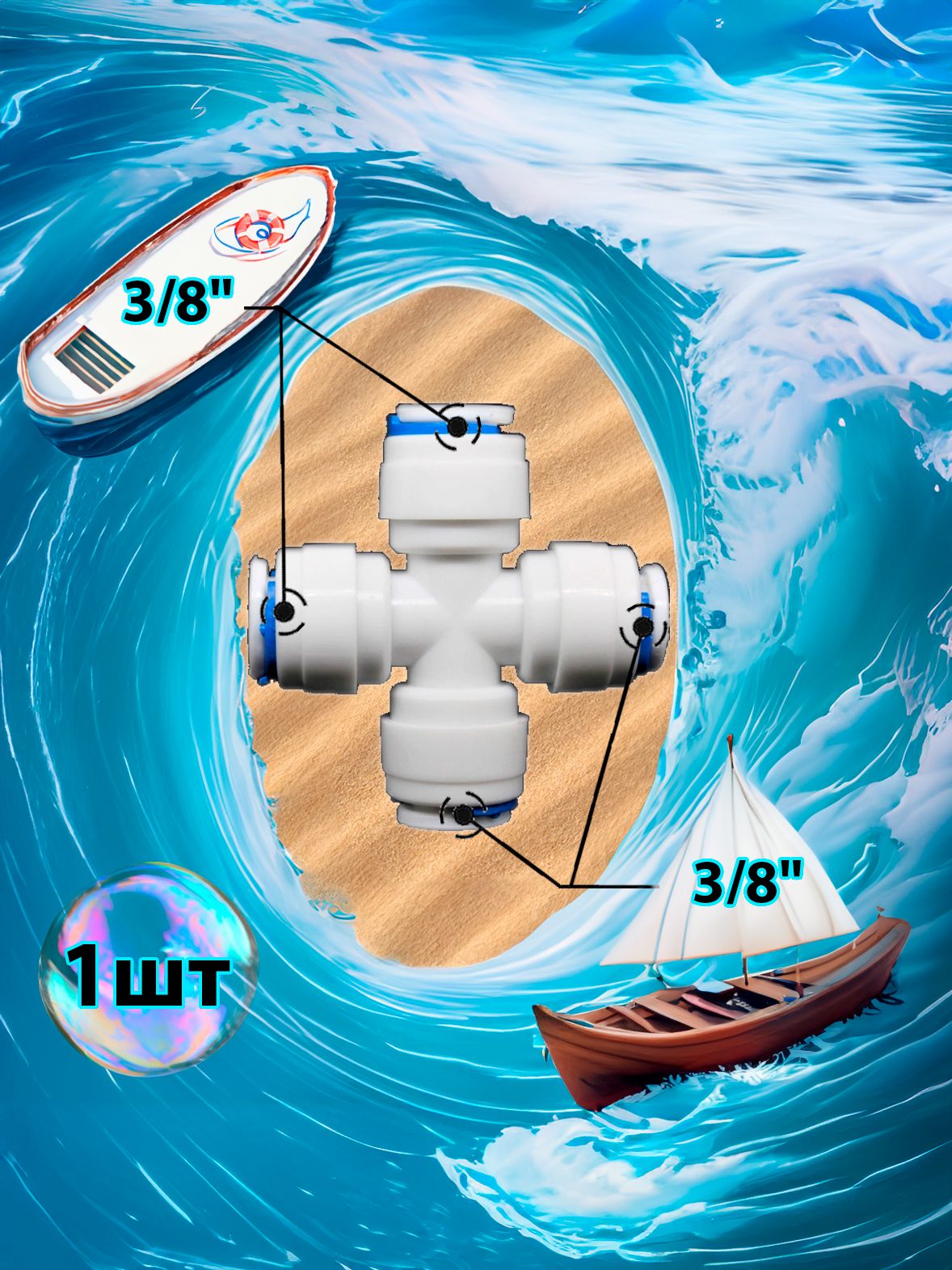 Фитинг крестовина X-образная 3/8"-3/8"-3/8"-3/8" трубки (фитинги съемные для осмоса и фильтра) картинка №1