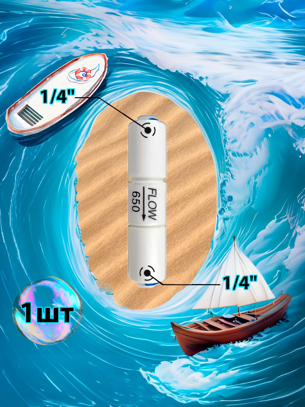 Ограничитель потока flow 650мл 1/4" трубка - 1/4" трубка (фитинги съемные для осмоса и фильтра) картинка №1